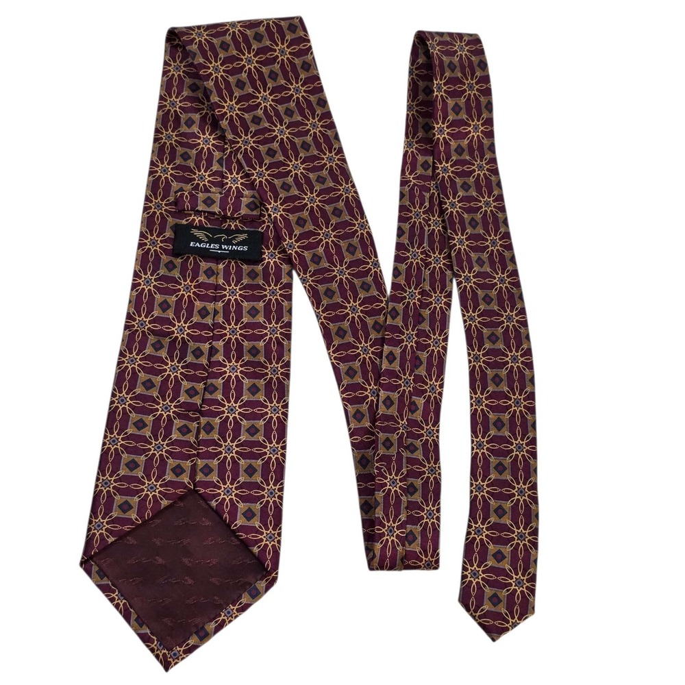 EAGLES WINGS Silk Geometric Pattern Necktie‎ Burgundy Gold Blue Men's Business